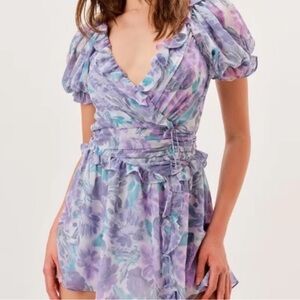 NWT For Love & Lemons Shelly Floral Lilac Ruffle Mini Dress Size Xsmall